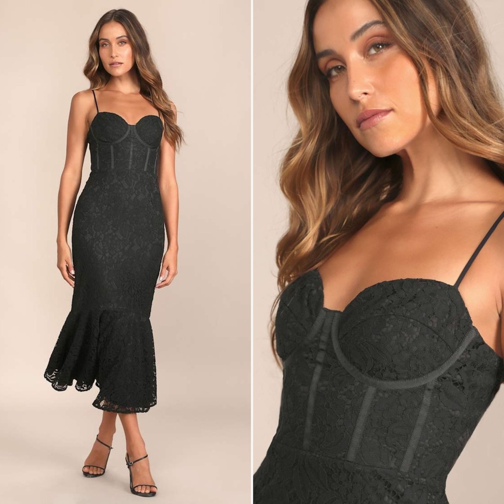 Lulus Found Your Love Black Lace Sleeveless Trumpet Midi Dress Sz L NWT
